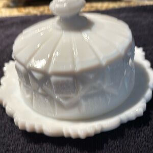 Vintage Old Quilt Milk Glass Butter Dish
